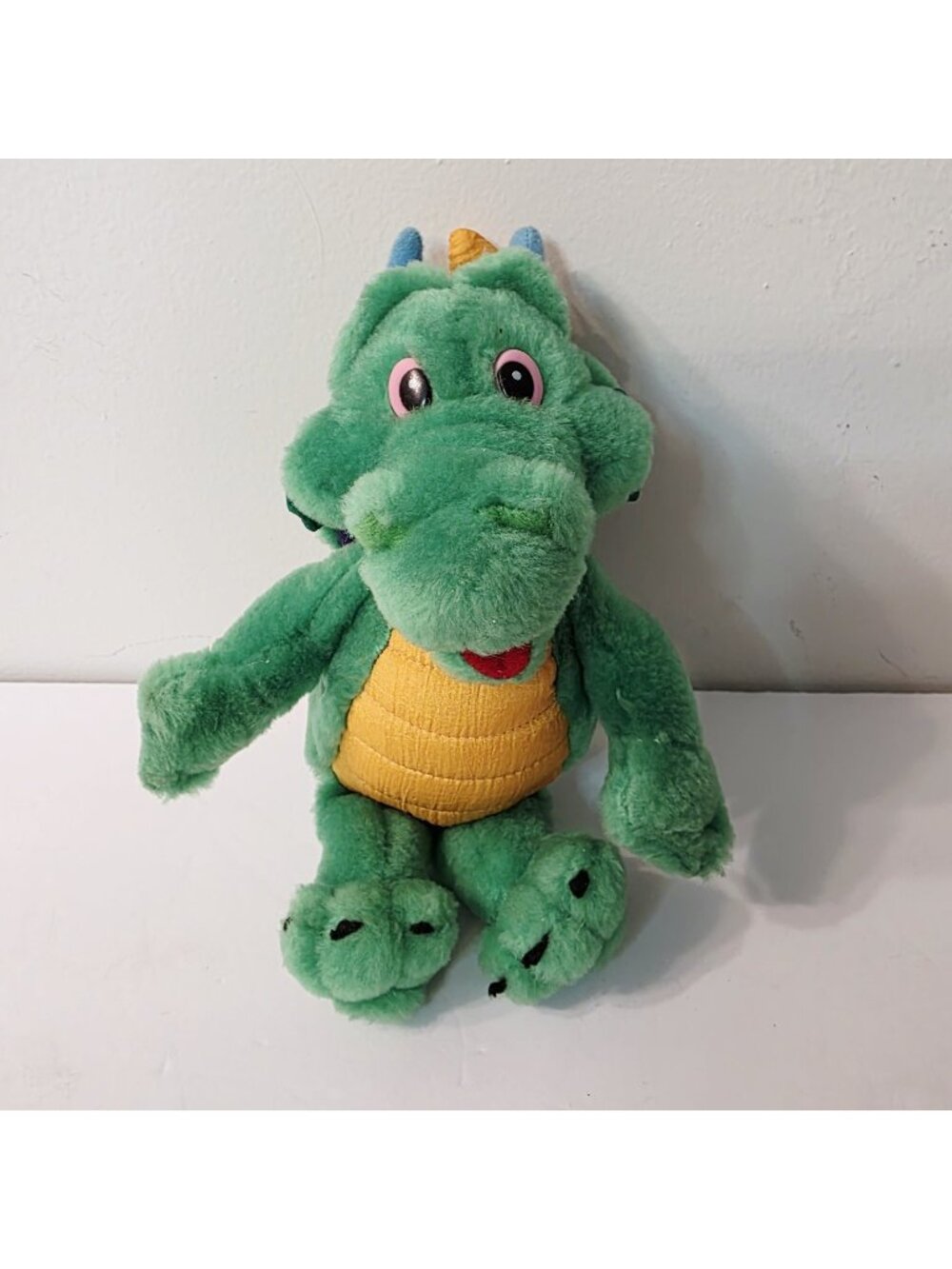 Vtg 1998 Liberty Toy Green Dragon Pink Eyes Blue Horns Stuffed Plush Toy